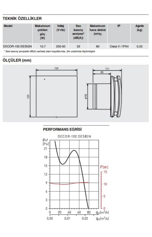 S&P Decor 100 C Design | Banyo Aspiratörü | 80 m3/h | 100 mm.